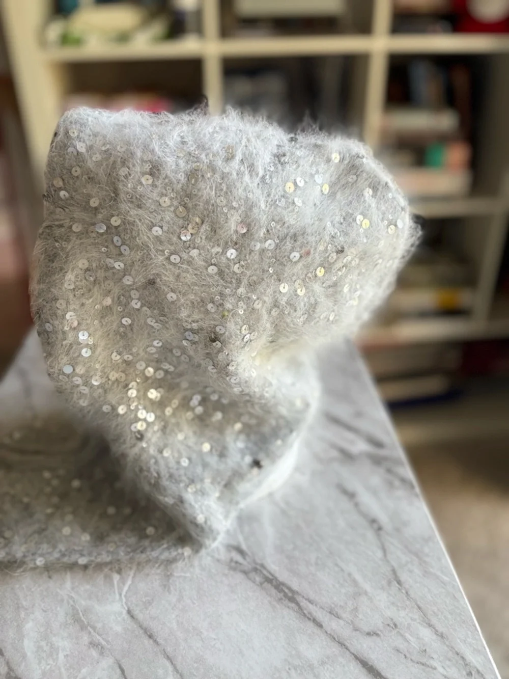 NWOT LE PETIT AGNEAU Sequin Detail Gray Hood Scarf Cashmere & Angora O/S